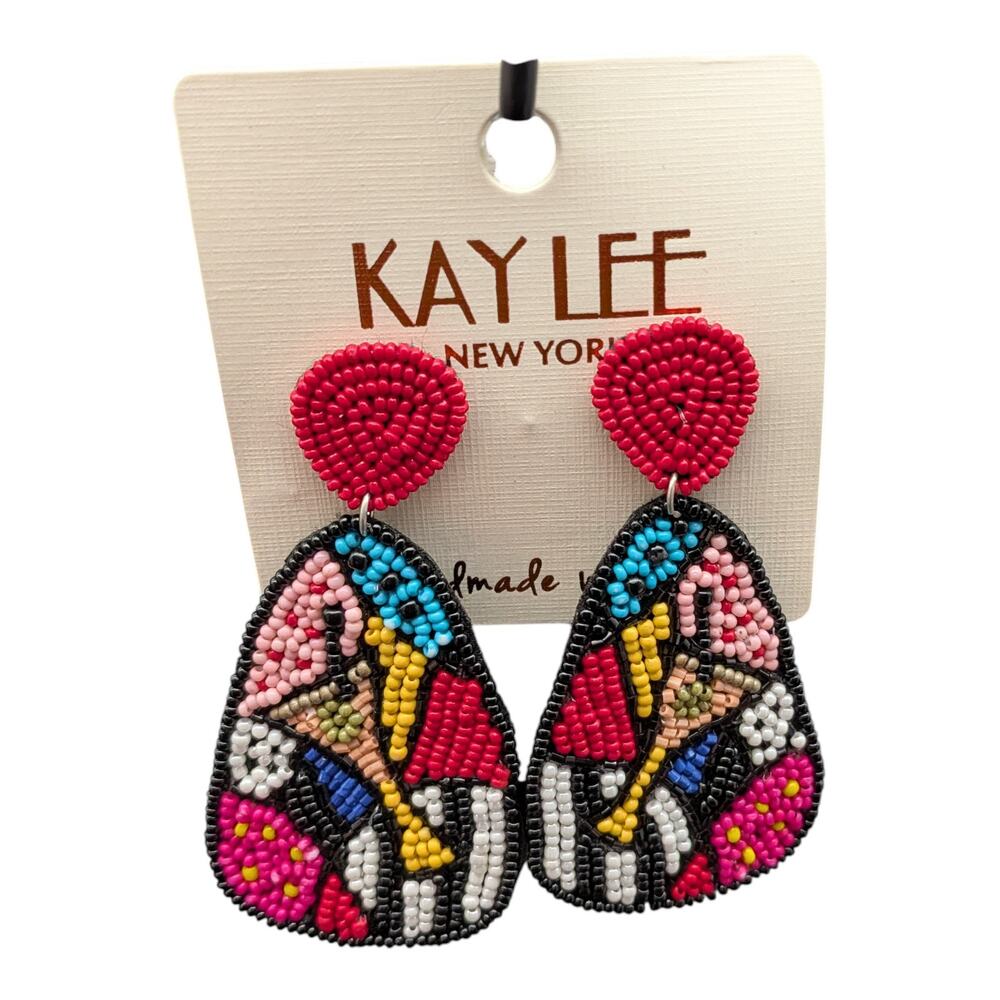 Kay Lee New York Colorful Abstract Beaded Statement Earrings Artistic Pink
